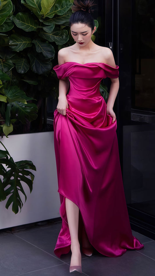 Vestido de fiesta de noche largo estilo sirena con hombros descubiertos en color fucsia, vestido de fiesta para mayores, LTP3548
