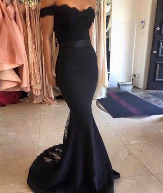 Off Shoulder Mermaid Black Lace Prom Dresses, Black Lace Bridesmaid Dresses