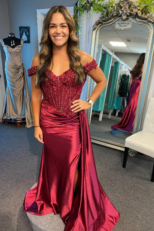 Off the Shoulder Burgundy Appliques Mermaid Long Dress