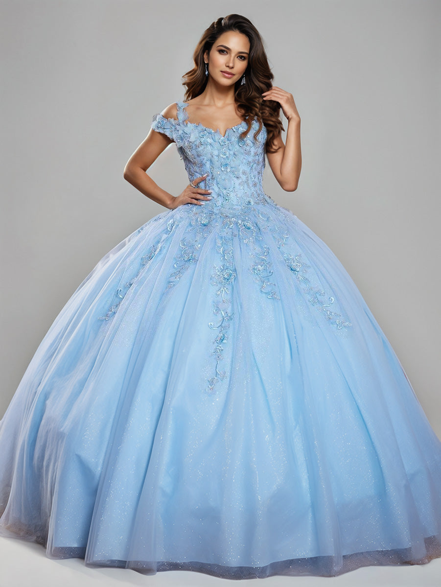 Off the Shoulder Lace Appliques Ball Gown Princess Quinceanera Dress