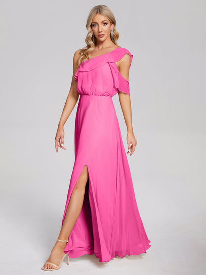 Vestido de fiesta de gasa con un hombro descubierto y volantes