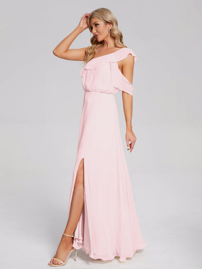 Vestido de fiesta de gasa con un hombro descubierto y volantes