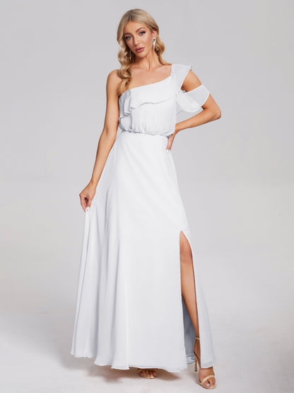 Vestido de fiesta de gasa con un hombro descubierto y volantes