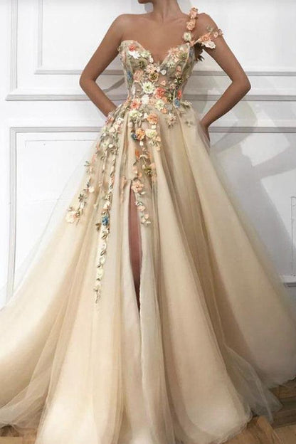 One Shoulder Sweetheart Tulle 3D FLower Prom Formal Dress With Split  PG947