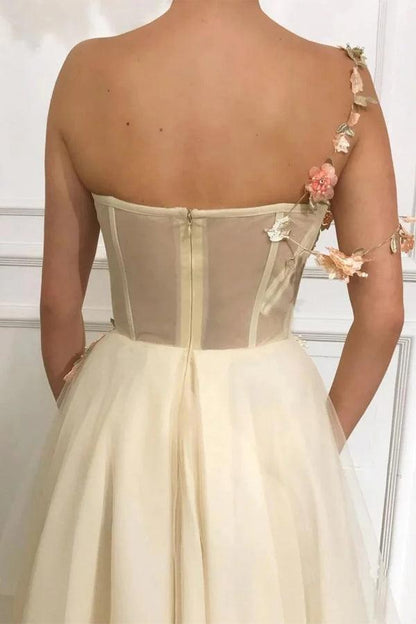 One Shoulder Sweetheart Tulle 3D FLower Prom Formal Dress With Split  PG947