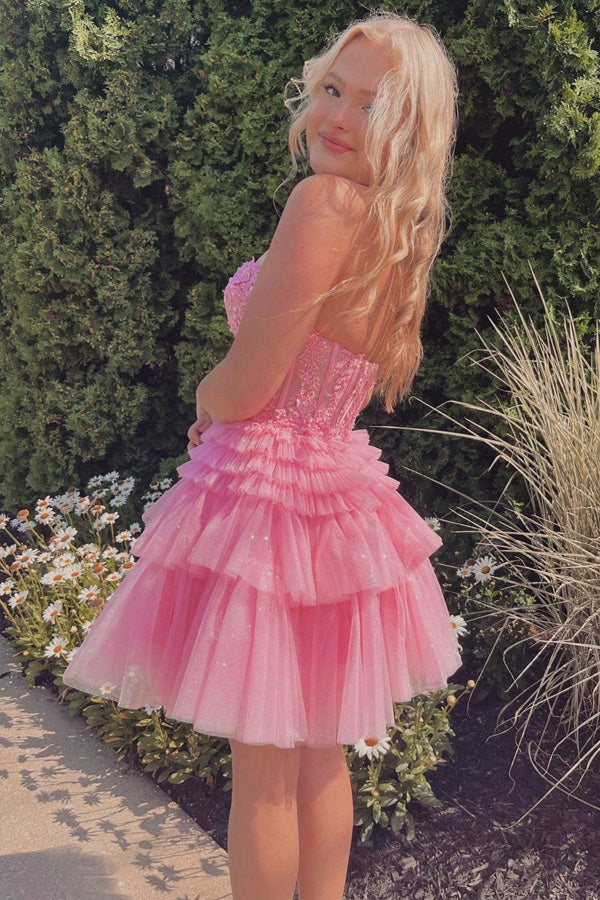 Appliques Strapless A-line Multi-Layers Pink Homecoming Dress PD502