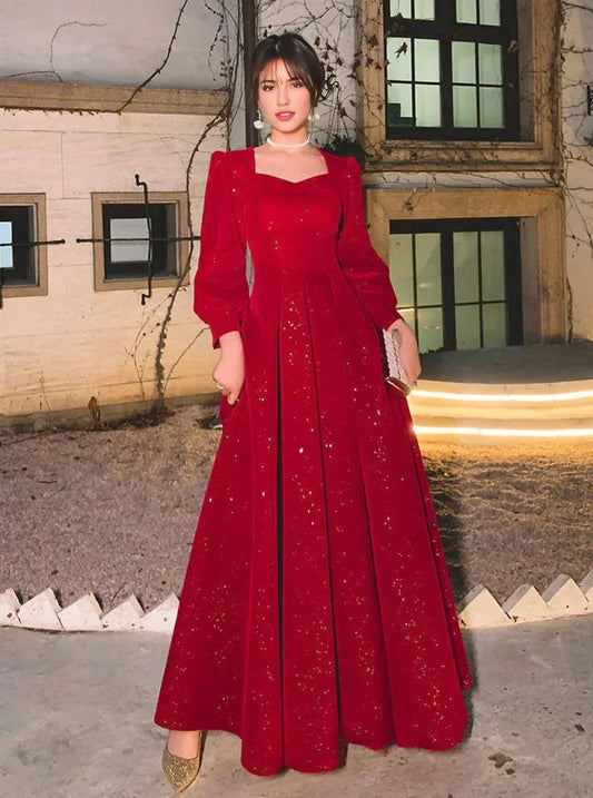 Formal Women's Dresses Red Glitter Modest Prom Dress Formal Evening Dress Long Sleeve Floor Length Prom Clothing