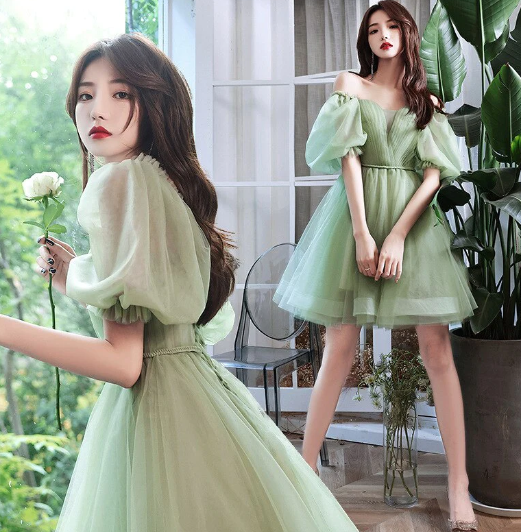 Vestido de noche corto con escote en V y mangas abullonadas de color verde para mujer, vestido de fiesta fg1072