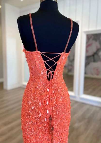 Vestido de fiesta largo con lentejuelas y color coral brillante, vestido formal con abertura fg1384