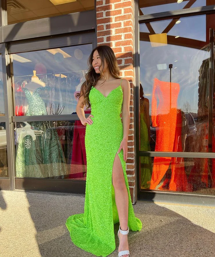 Vestido de fiesta largo con lentejuelas verdes, tirantes finos y abertura en el bajo, estilo sirena, fg2377