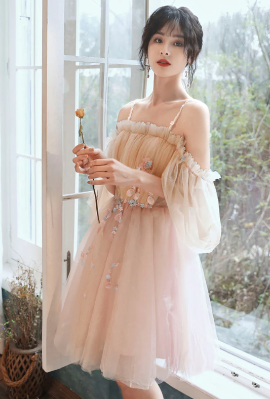 Lindo vestido de fiesta corto con apliques de tul, vestido de regreso a casa fg1084
