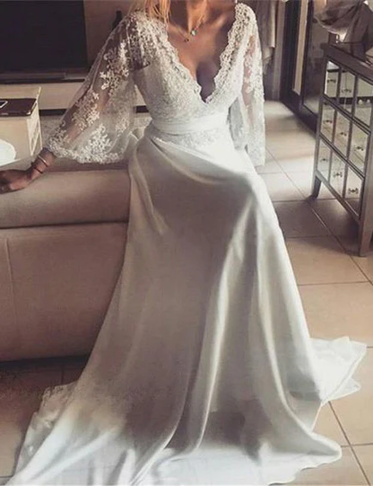 Vestidos de novia económicos de 2023 con escote en V, mangas de encaje y lazo en la espalda fg1956