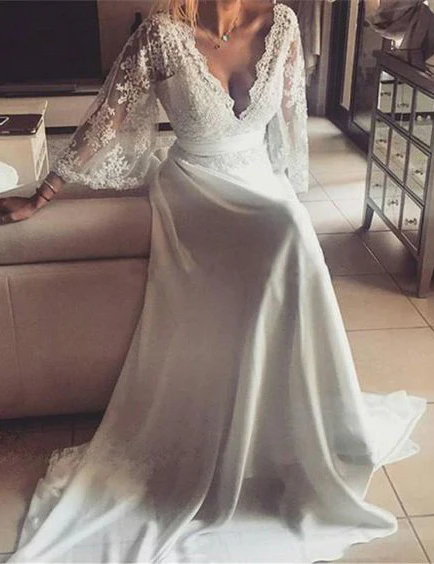 Vestidos de novia económicos de 2023 con escote en V, mangas de encaje y lazo en la espalda fg1956