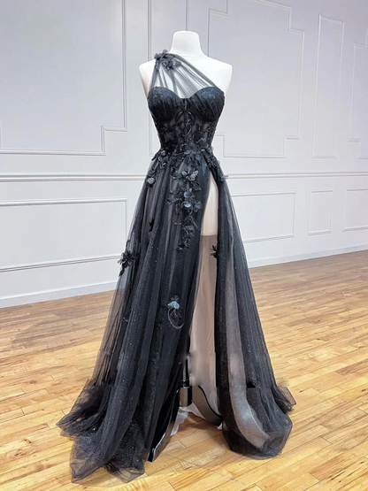 Vestido de fiesta largo de encaje de tul negro con corte en A, vestido de graduación formal negro fg2232