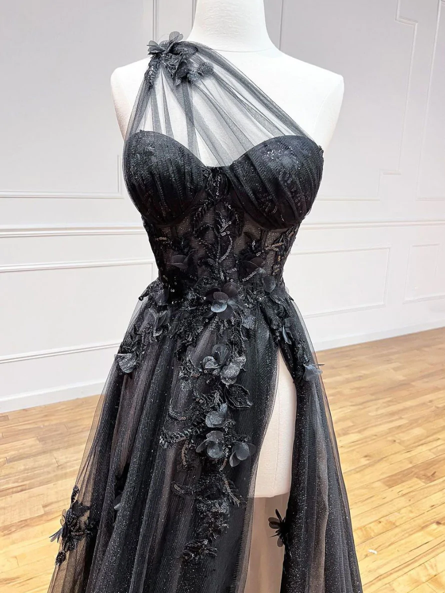 Vestido de fiesta largo de encaje de tul negro con corte en A, vestido de graduación formal negro fg2232