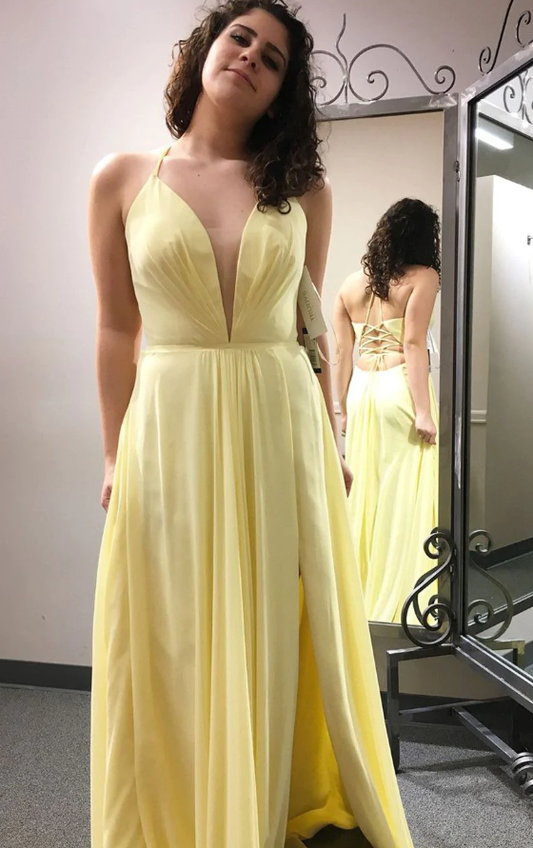 Elegante vestido de fiesta largo amarillo con escote en V y abertura fg1540