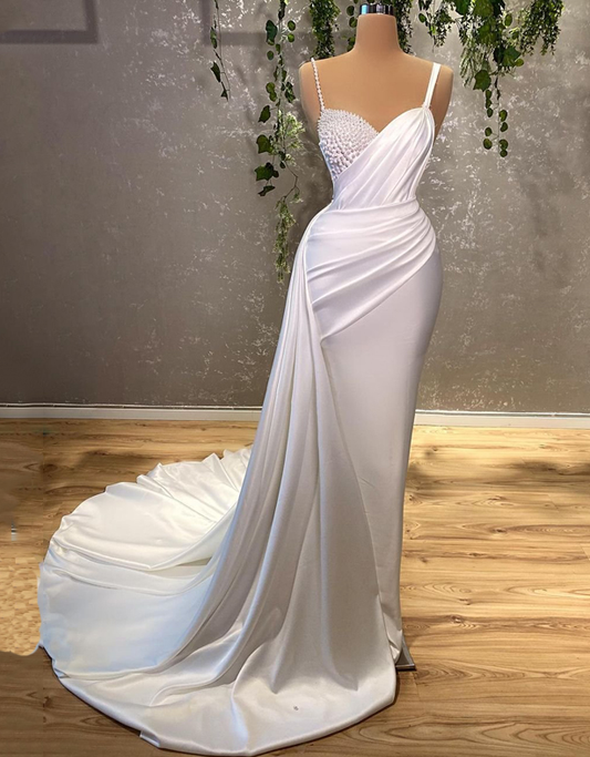 Vestidos de novia para mujer, encantadores vestidos de novia sin mangas con perlas, vestidos de fiesta blancos de sirena hasta el suelo fg1550