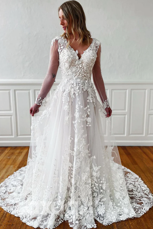 VESTIDO DE NOVIA DE ENCAJE CON MANGAS LARGAS Y ESCOTE EN V PROFUNDO FG1955