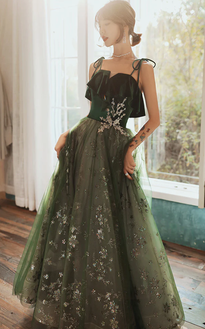 Hermoso vestido de fiesta de tul con tirantes de color verde oscuro y terciopelo, vestido de noche verde, vestido de fiesta fg1051