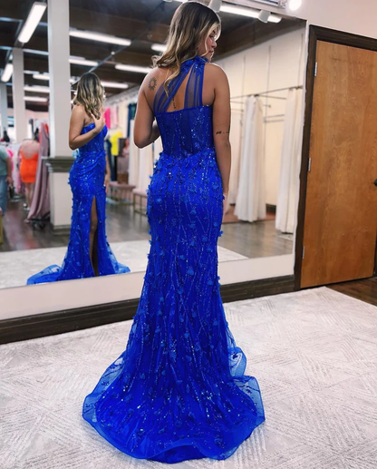 Encantadores vestidos de fiesta de sirena con un solo hombro y encaje azul real con abertura fg2355