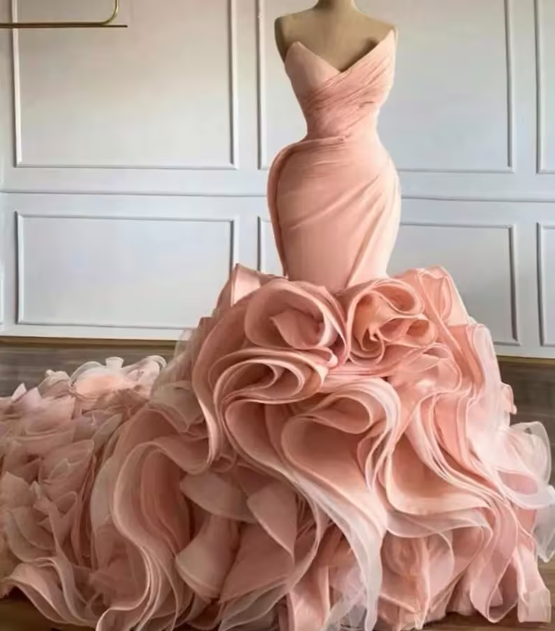 Vestido de novia de sirena con volantes en rosa, vestido de novia fg2575
