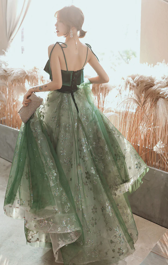 Hermoso vestido de fiesta de tul con tirantes de color verde oscuro y terciopelo, vestido de noche verde, vestido de fiesta fg1051