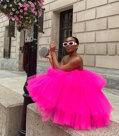 Elegante vestido corto de tul con volantes fucsia para mujer, vestido de fiesta de corte A abullonado fg1765