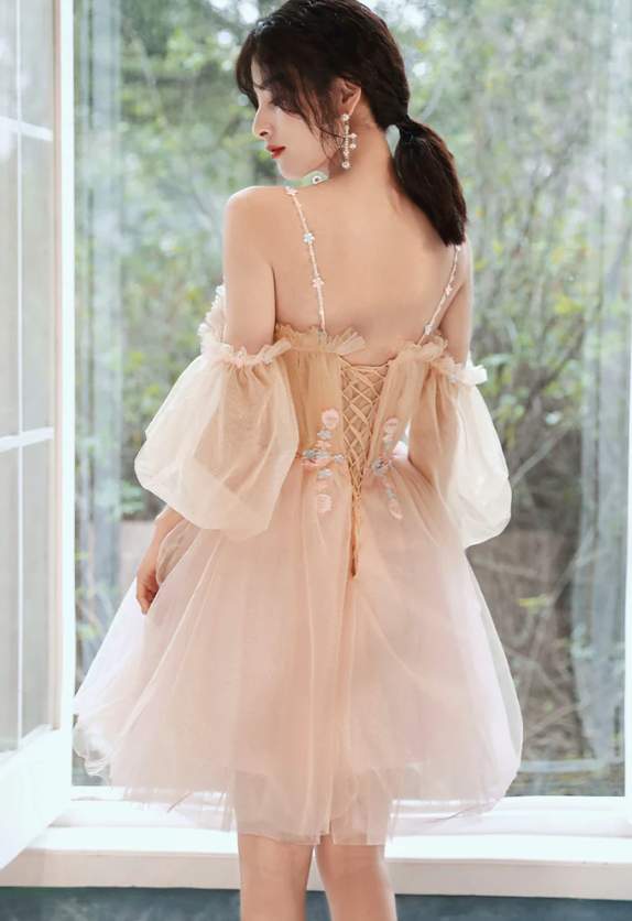 Lindo vestido de fiesta corto con apliques de tul, vestido de regreso a casa fg1084