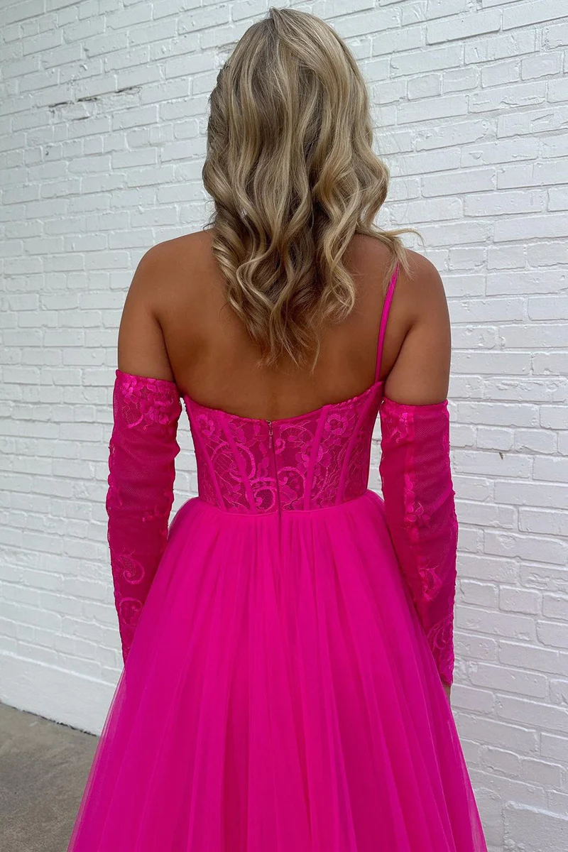 Vestido de fiesta de tul con encaje y un hombro en forma de A con abertura fg4741