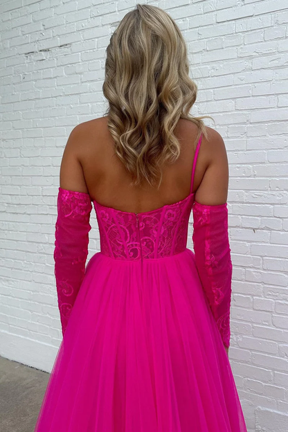 Vestido de fiesta de tul con encaje y un hombro en forma de A con abertura fg4741