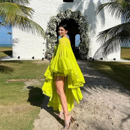 Elegante vestido de noche largo de gasa con un solo hombro, mangas largas con abertura, corte en A, largo hasta el suelo, vestido formal de fiesta para mujer fg5634