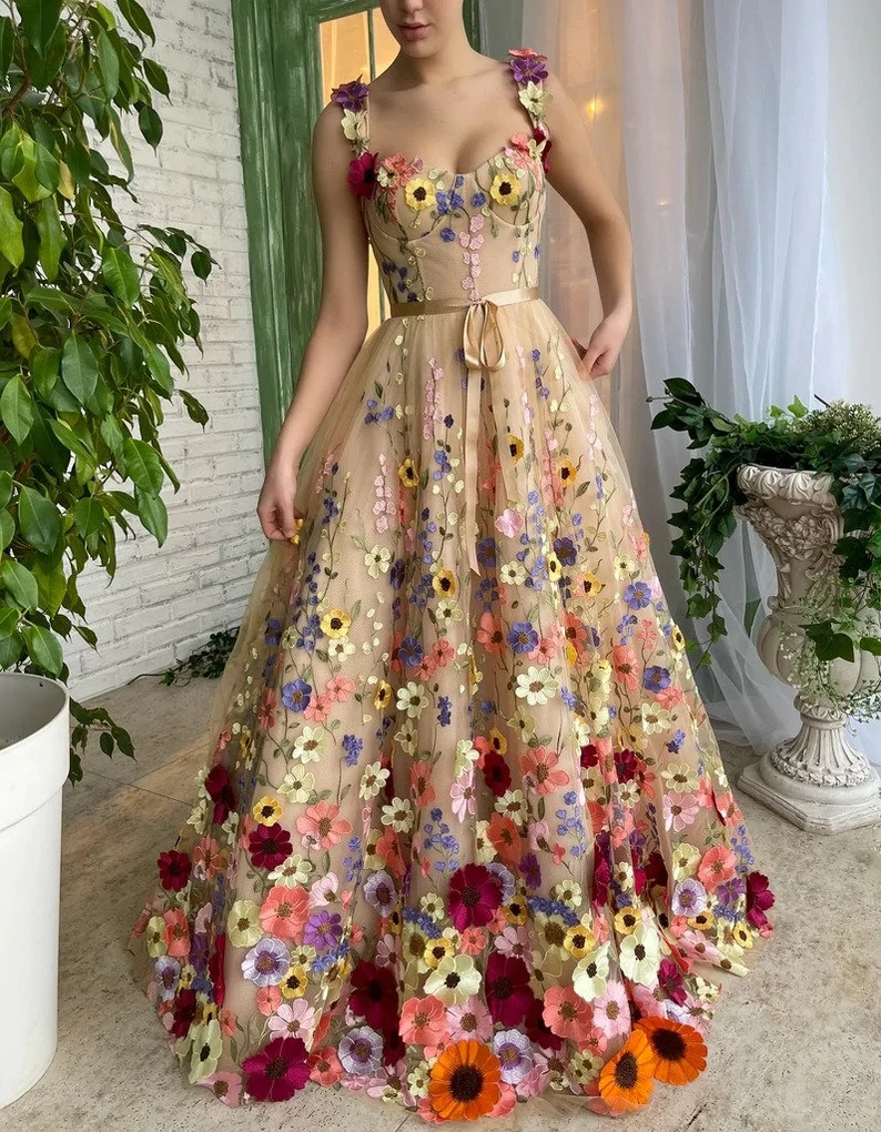 Vestido de fiesta de primavera con encaje de flores 3D fg693