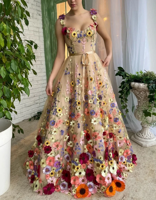 Vestido de fiesta de primavera con encaje de flores 3D fg693