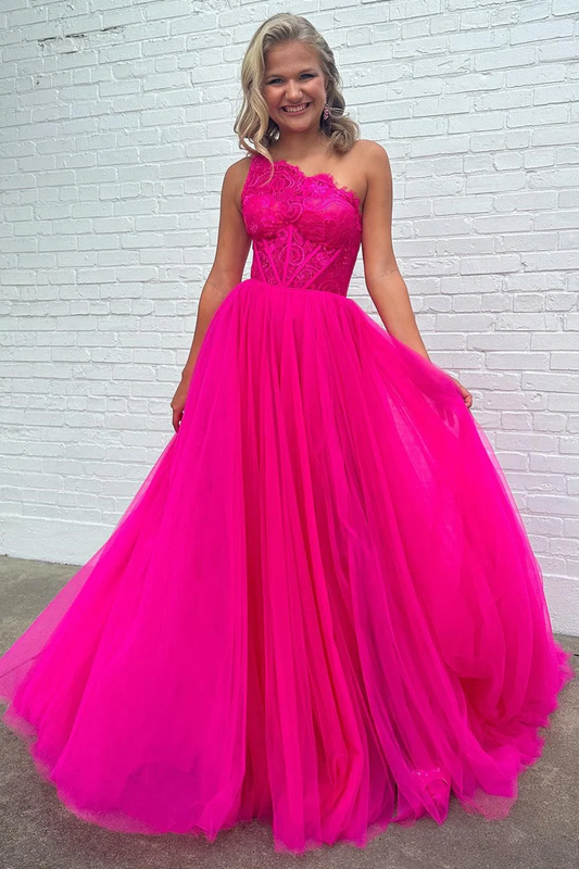 Vestido de fiesta de tul con encaje y un hombro en forma de A con abertura fg4741