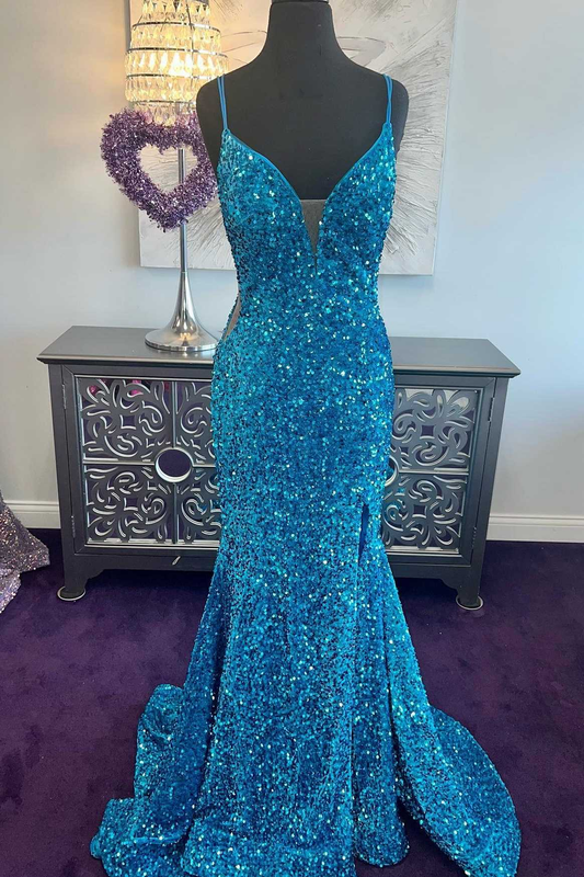 Vestido de fiesta largo de sirena con escote en V y lentejuelas azules y abertura fg5308