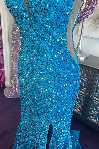 Vestido de fiesta largo de sirena con escote en V y lentejuelas azules y abertura fg5308