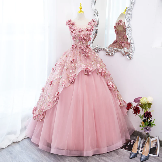 Hermoso vestido de fiesta largo de tul rosa con flores, vestido de fiesta de tul rosa para quinceañeras fg3286