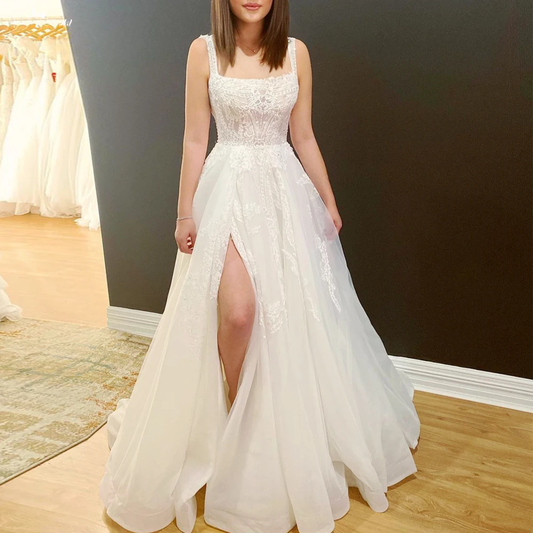 Encantadores vestidos de novia de tul con escote cuadrado y corte en A y apliques fg5940