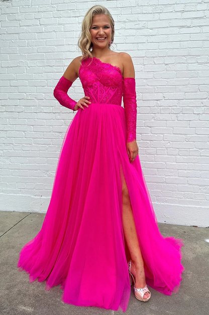 Vestido de fiesta de tul con encaje y un hombro en forma de A con abertura fg4741