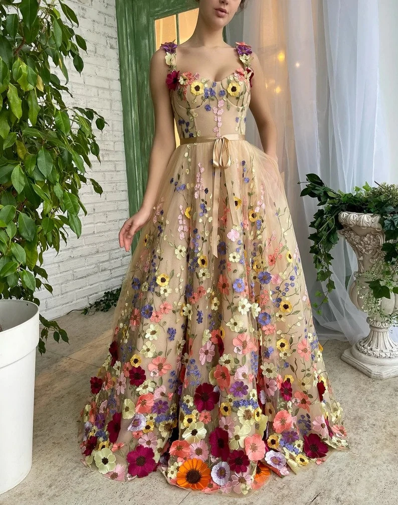 Vestido de fiesta de primavera con encaje de flores 3D fg693