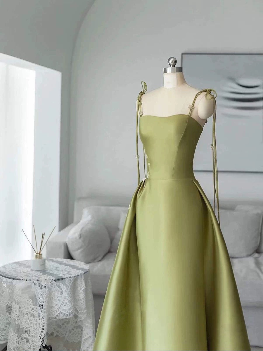Pretty Ball Gown Straps Sage Green Satin Long Length Evening Dress Prom Dresses SD2781