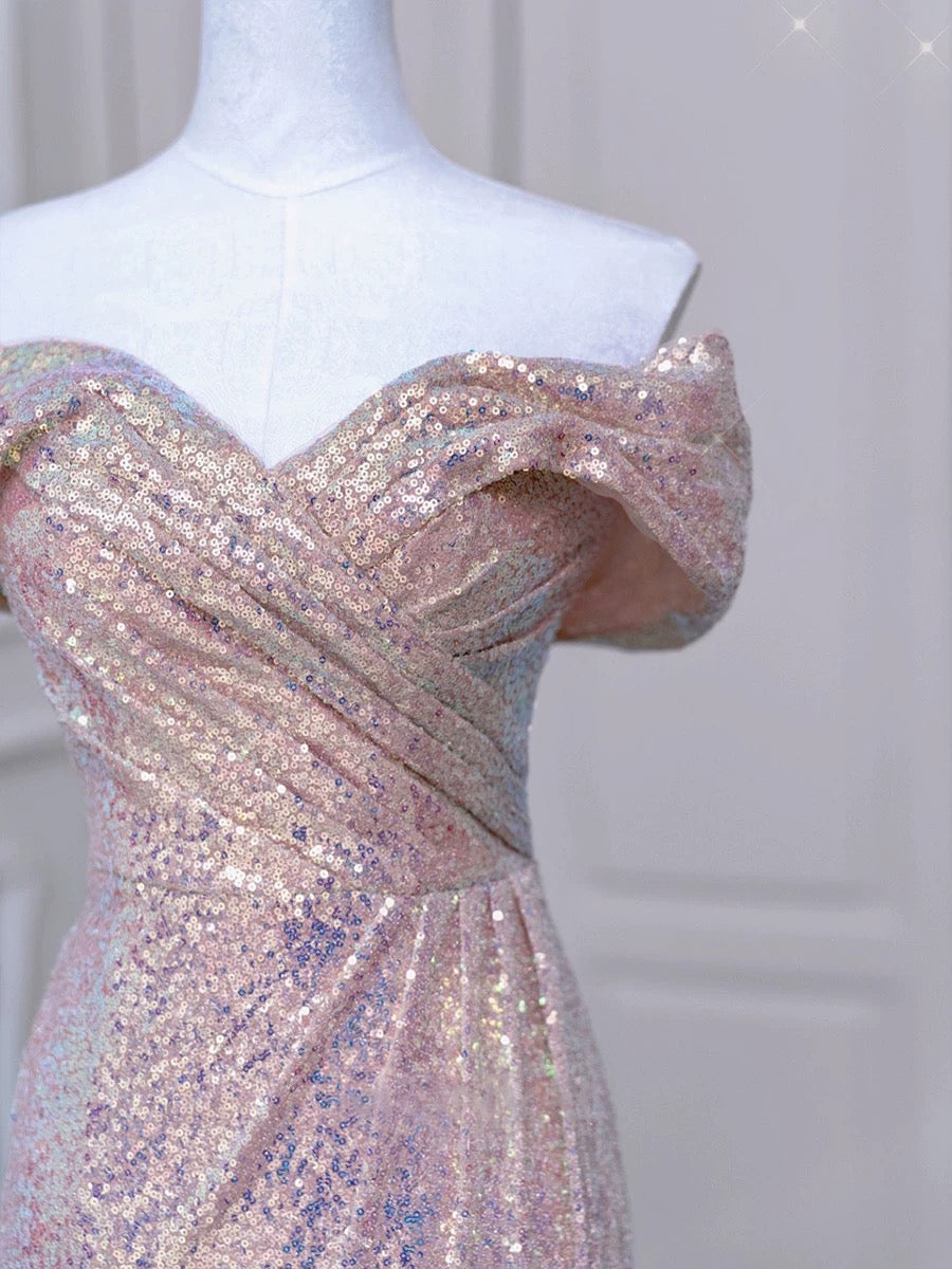 Pretty Mermaid Off The Shoulder Pink Sequin Long Evening Dress Prom Dresses SD2782