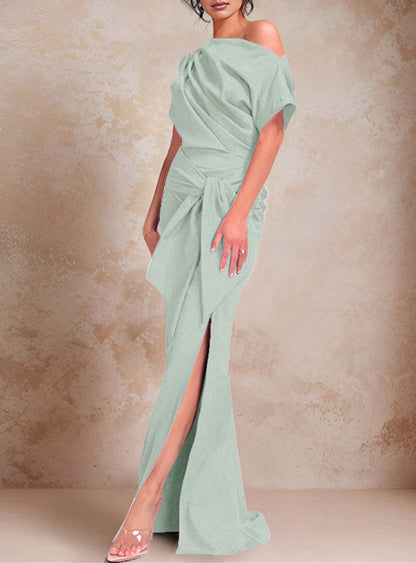 Trumpet/Mermaid One-Shoulder Short Sleeves Floor-Length Mother of the Bride Dresses with Ruffles & Split Side