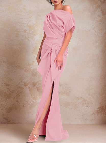Trumpet/Mermaid One-Shoulder Short Sleeves Floor-Length Mother of the Bride Dresses with Ruffles & Split Side