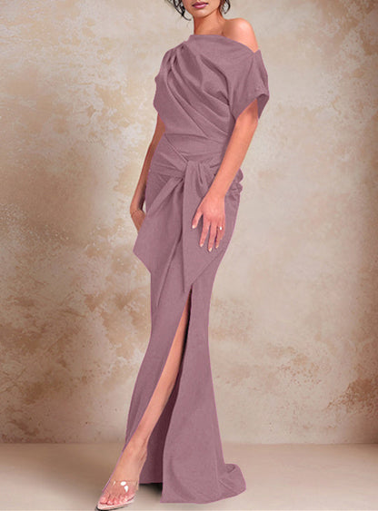 Trumpet/Mermaid One-Shoulder Short Sleeves Floor-Length Mother of the Bride Dresses with Ruffles & Split Side