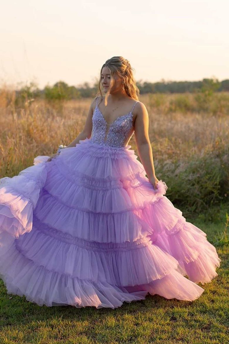 Hadlee | Black Beaded Spaghetti Strap Ruffle Tiered Ball Gown