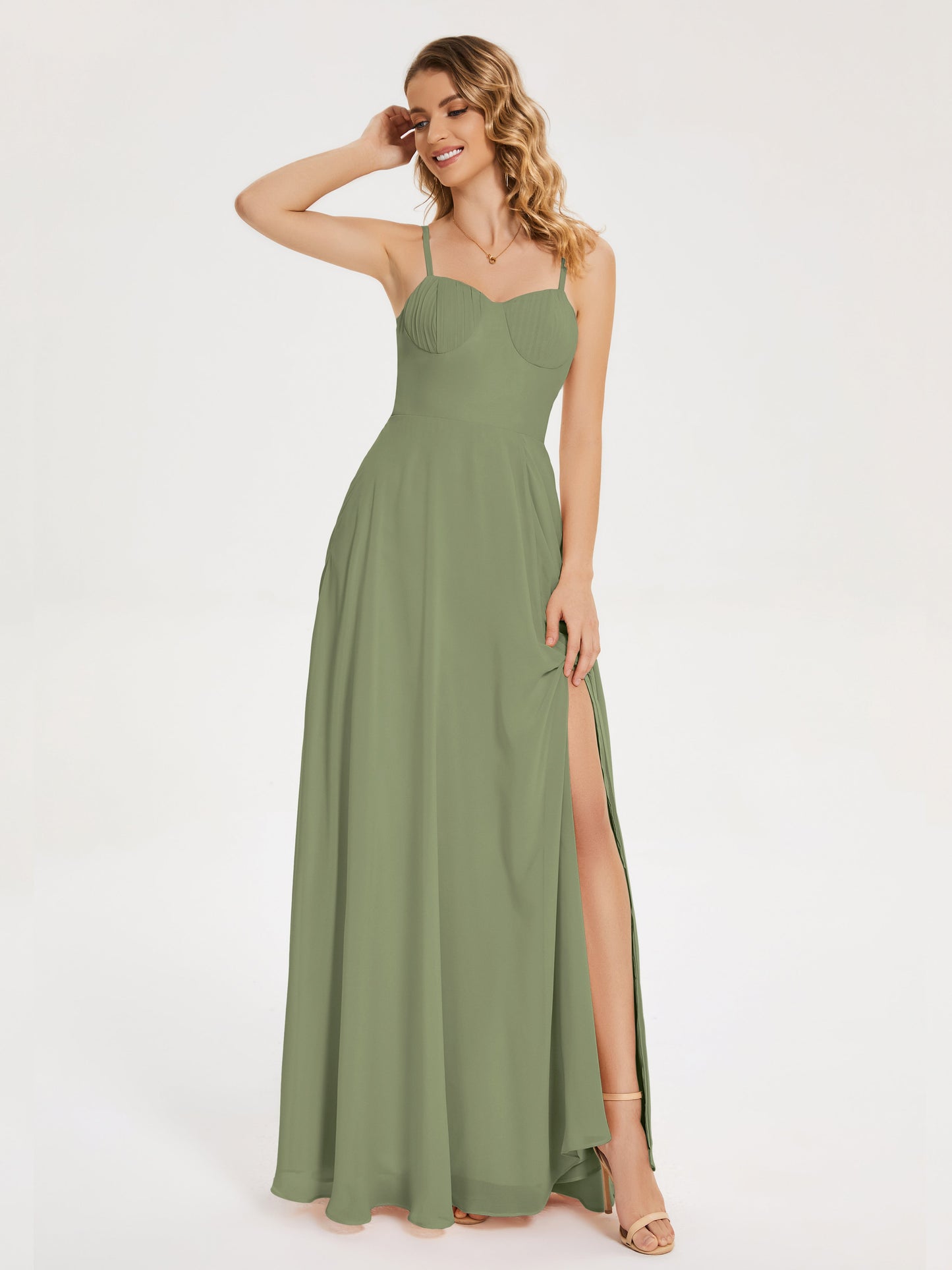 Vestido de fiesta con tirantes finos y corte en A y abertura