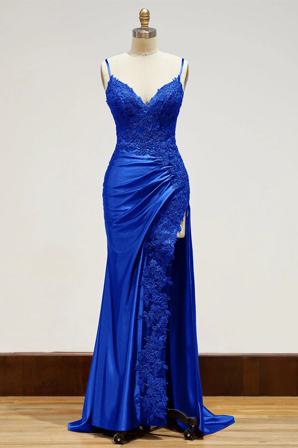 Spaghetti Straps Appliques Side Split Black Long Prom Dress  PSK440