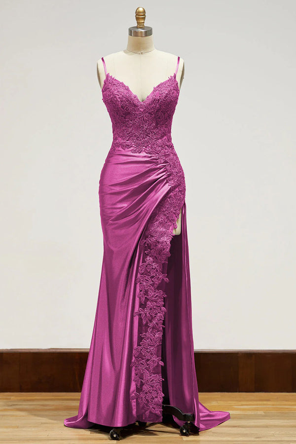 Spaghetti Straps Appliques Side Split Black Long Prom Dress  PSK440