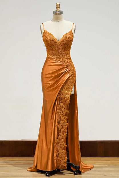 Spaghetti Straps Appliques Side Split Black Long Prom Dress  PSK440